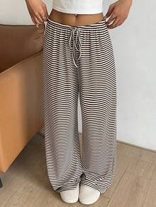 Aloruh 女士休闲舒适棕色低腰系带阔腿条纹裤，春季款 - 棕色 - 查看 6