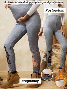 Boho Mama 可调节腰围卡通猫印花休闲打底裤，波西米亚风孕妇紧身裤，灰色保暖内衬打底裤，女士孕妇打底裤。 - 灰色 - 查看 10