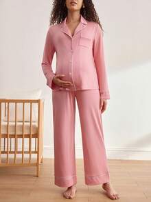 Moonlight&Mama Bộ đồ ngủ thời trang cơ bản cho bà bầu và cho con bú, mùa đông - Hồng - Xem 3