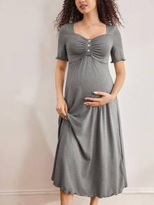 Moonlight&Mama Maternity Casual Solid Color Short Sleeve Nursing Nightgown - Grey - View 6