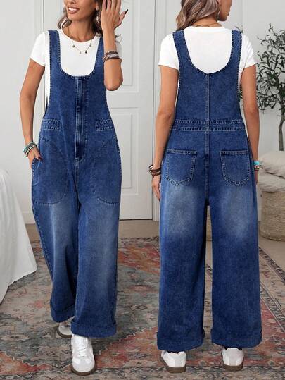 EMERY ROSE Plus Size Solid Color Scoop Neck Pocketed Casual Sleeveless Denim Jumpsuit