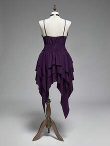 ROMWE Robe femme grande taille gothique vintage avec chaîne métallique amovible à la taille et ourlet asymétrique - Prune - Voir 2