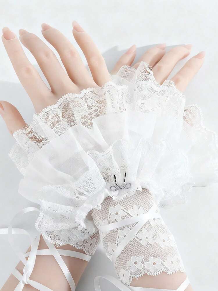 ROMWE Kawaii ロリータ レース トリム メッシュアームスリーブ、軽量でミュージックフェスティバルやパーティーに最適 - ホワイト - 見る 2