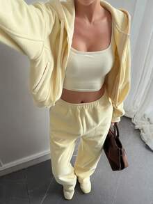 DAZY Women's Casual Loose Hoodie Top And Pants Sports Suit, Autumn/Winter - Butter Yellow - View 5