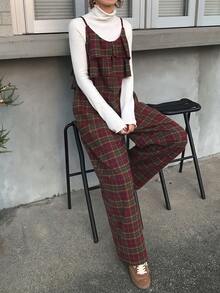 FRIFUL Women's Sleeveless Layered Ruffle Plaid Wide Leg Jumpsuit, Thick Warm Lining For Autumn/Winter Romper - Brown - View 7