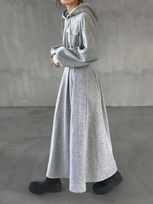 FRIFUL Women's Hooded Sweatshirt Dress, Straight Cut, Thermal Lined, Thick, Long Length - Light Grey - View 5