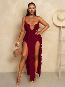 BamGleam Vestido largo de verano con abertura lateral y diseño calado para mujer