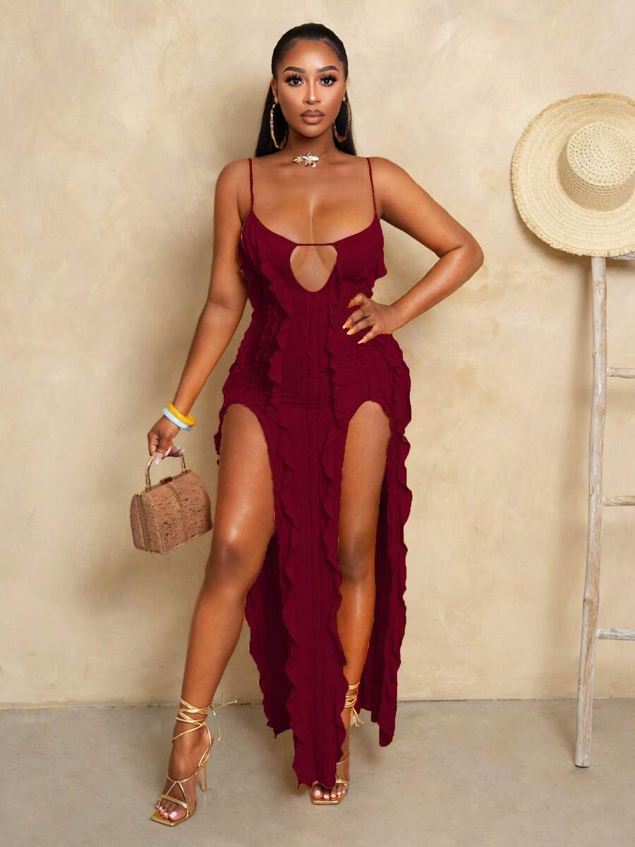 BamGleam Vestido largo de verano con abertura lateral y diseño calado para mujer