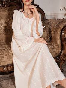 PalaceNights Vintage Palace Style White Lace Embroidered Long Nightgown, Winter - White - View 5