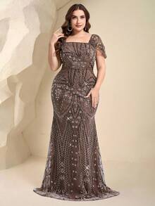 Coutiva Váy đuôi cá đính hạt đá pha lê sang trọng cỡ lớn thanh lịch, đầm dạ hội thanh lịch, thích hợp cho tiệc cocktail, tiệc khiêu vũ, tiệc cưới, thích hợp cho lễ tốt nghiệp, tiệc tối - màu nâu - Xem 5