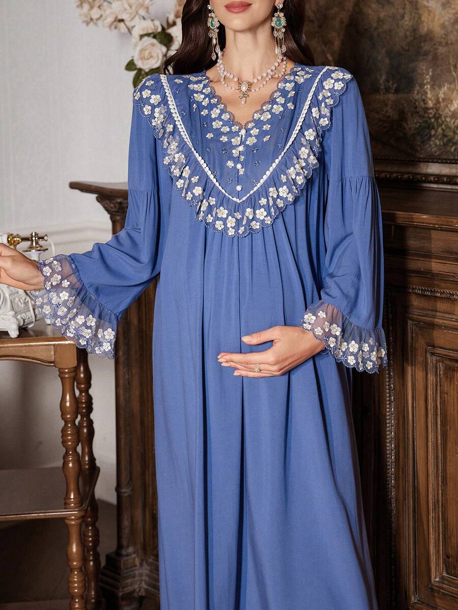 PalaceNights Cămașă de noapte pentru gravide, stil vintage Palace, cu dantelă brodată, iarnă