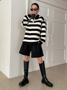 DAZY 女士条纹落肩长袖 Polo 领休闲宽松套头卫衣