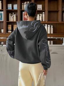 Muchica Áo nỉ dệt kim màu xám tro với thêu chữ, áo nỉ dài tay kiểu dáng thường ngày, áo nỉ in hình dành cho nữ, áo nỉ nữ phong cách Y2K, áo nỉ tùy chỉnh màu xám. - Màu xám đen - Xem 2