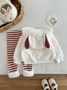 SHEIN 2pcs Baby Girls Rabbit Embroidery Hoodie Sweatshirt With Rabbit Ears And White Striped Fuzzy Trim Pants Set, Fashionable And Cute - Red - View 2