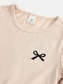 SHEIN 2pcs/Set Young Girls Bow Print Knit Casual Everyday Fashion Matching Set - Khaki - View 4