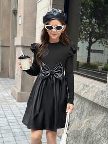 SHEIN 少女黑色针织拼接PU腰部修身长袖休闲日常时尚百搭连衣裙 - 黑色 - 查看 5