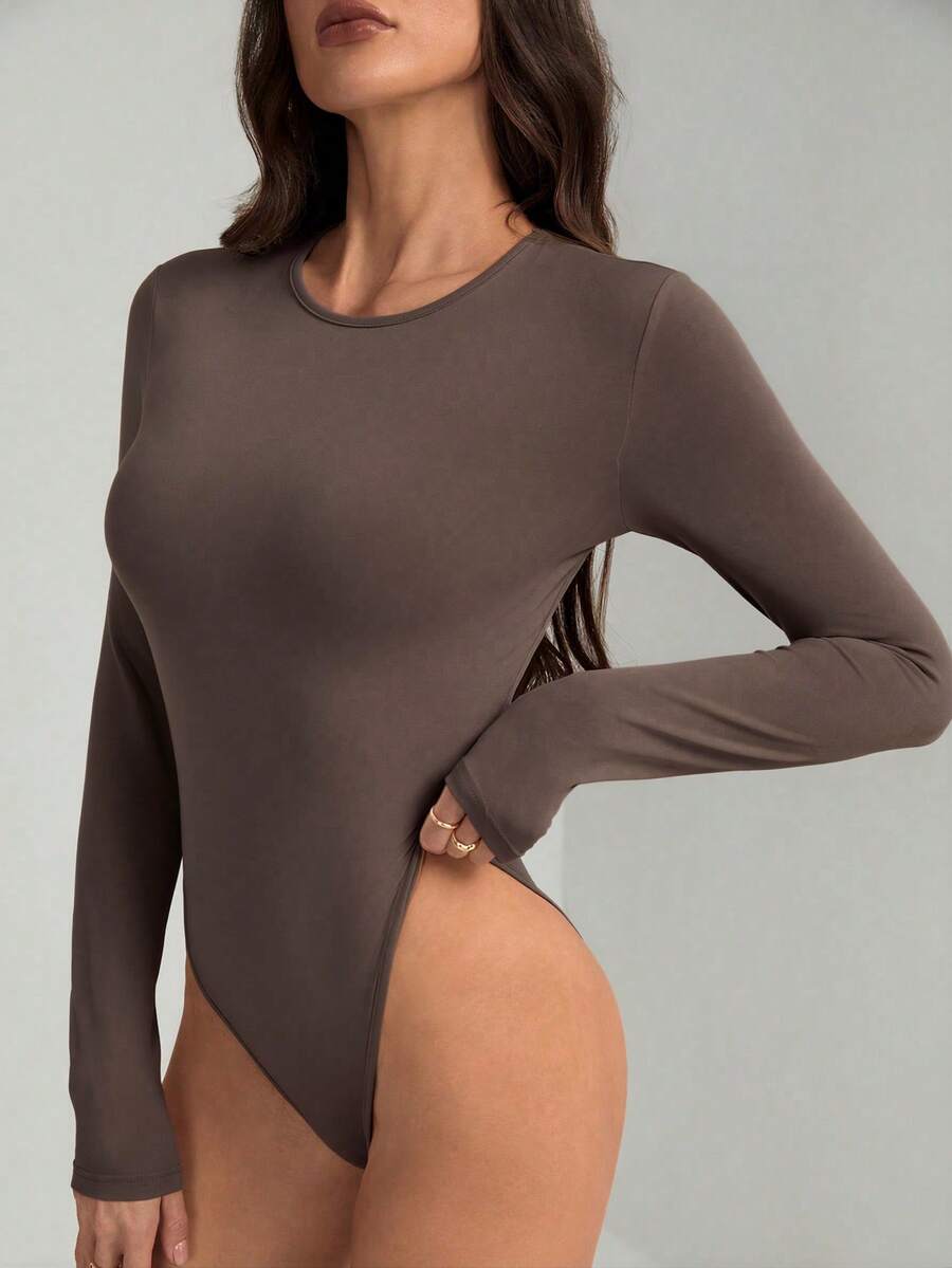 SHEIN Tall Solid Slim Fit Spring Women Bodysuit - Coffee Brown - View 1