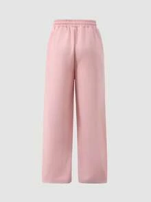 SHEIN 青少年女孩運動褲，休閒極簡 Logo 圖案對比色口袋運動衫，寬鬆舒適寬腿慢跑褲 - 粉色 - 查看 2