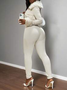 Slaydiva Christmas, New Year And Valentine's Day New Autumn And Winter Casual, Simple And Basic Style, Daily Date, Out On The Street, Popular Streetwear, Y2K Set, Fur Collar POLO Collar, Ultra-Short Cardigan + Slim Strapless Tight Jumpsuit, Apricot Ribbed Ribbed Brushed Set, Women's Two-Piece Set -A Cream Two Piece Set Sexy Body Suit Women Sexy Outfits Y2k 2 Piece Set - Apricot - View 7