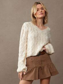 WESTFADE Mixed Stitch V Neck Relaxed Fit Long Sleeve Cable Knit Sweater Fall, Autumn, Winter, Holiday, Christmas, Flannel, New Years Eve, NYE - Apricot - View 5