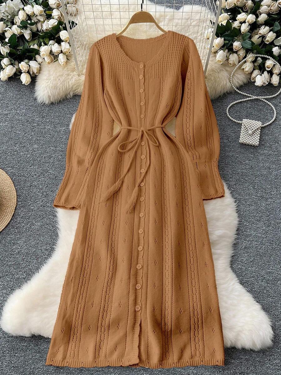 SHEIN LUNE 女士优雅纯色V领纽扣前开连衣裙,法式浪漫风格 - 駝色 - 查看 1