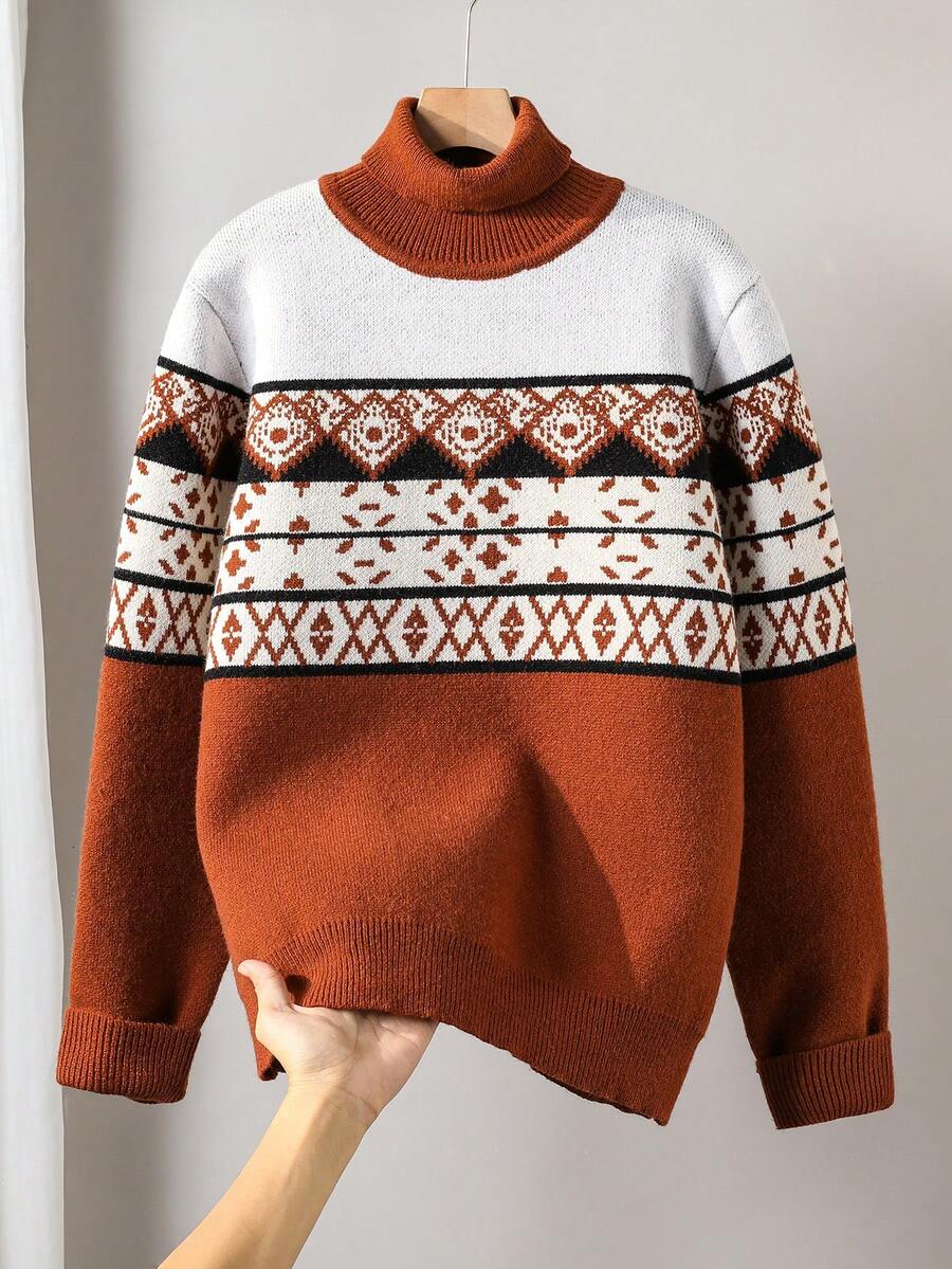 男士菱格纹高领圣诞假日毛衣，费尔岛图案长袖套头衫，棕色学院风圣诞假日针织衫 - 駝色 - 查看 1