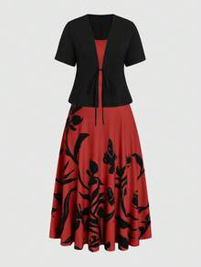 SHEIN Clasi 大码女式纯色短袖开衫外套和印花无袖中长连衣裙套装 - 紅色 - 查看 5