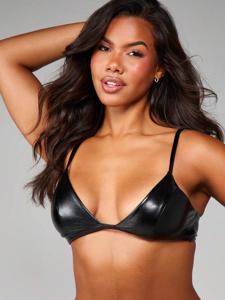 MISSGUIDED Sleek Faux Leather Triangle Bralette With Strappy Details And Adjustable Hook And Eye Closure For Women Everyday Layering