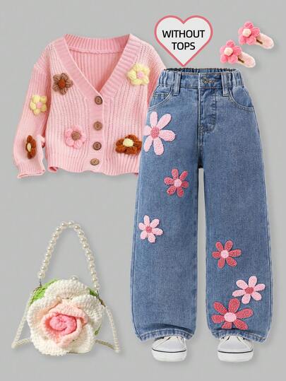 SHEIN ChillGRL Pantalones acampanados de niñas jóvenes con lavado desgastado, bordado de copos de nieve y estilo de moda