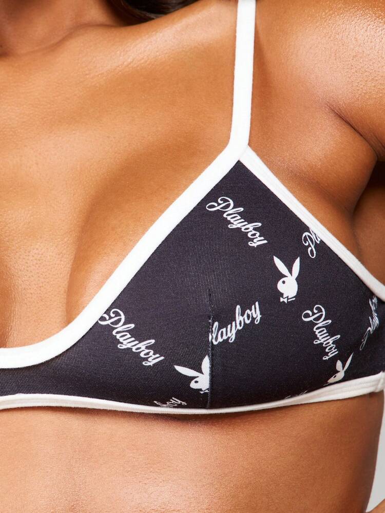 Missguided x Playboy Logo Print Triangle Bralette With White Contrast Trim And Adjustable Straps For Everyday Comfort And Style