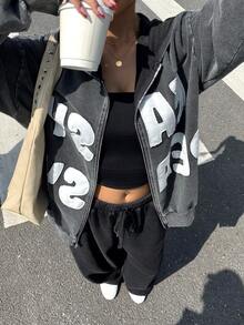Muchica Áo hoodie có khóa kéo thường ngày họa tiết chữ nhung - màu đen - Xem 5