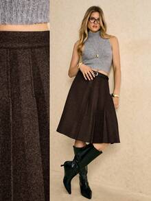 Poéselle 女士复古纯色褶裥A字中长裙 - 咖啡棕 - 查看 2