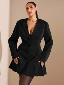 SHEIN BAE 秋冬季大码优雅通勤褶裥前开襟纽扣连衣裙 - 黑色 - 查看 9