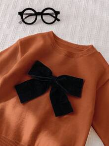 Cozy Pixies Baby Mädchen Farbblock Schleife Dekor Rundhals Drop-Shoulder Pullover Pullover, Lässig & Vielseitig für Herbst/Winter - Rostbraun - Übersicht 9