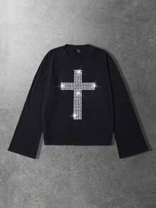 ROMWE MEN Goth Men's Cross Pattern Loose Fit Short Sleeve T-Shirt - Black - View 3