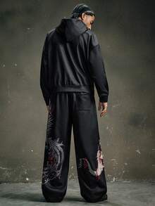 AXEPEAK Bộ áo hoodie và quần nỉ in hình rồng phượng thường ngày cho nam, Thu/Đông - màu đen - Xem 2