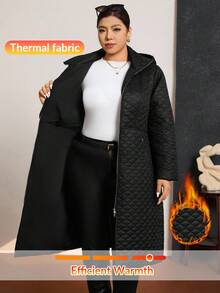 Zelara 大码女式纯色长袖拉链前长款休闲连帽冬季夹克 - 黑色 - 查看 14