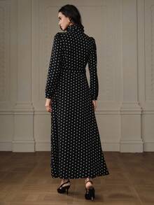 Revavyn Revavyn 法式设计优雅波点印花小众荷叶边领口系带长袖连衣裙 - 黑與白 - 查看 2