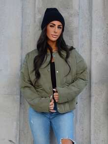 SAYEHFBABY 休闲几何圆领口袋加厚保暖聚酯纤维合成保暖冬季外套冬季夹克 - 軍綠色 - 查看 4