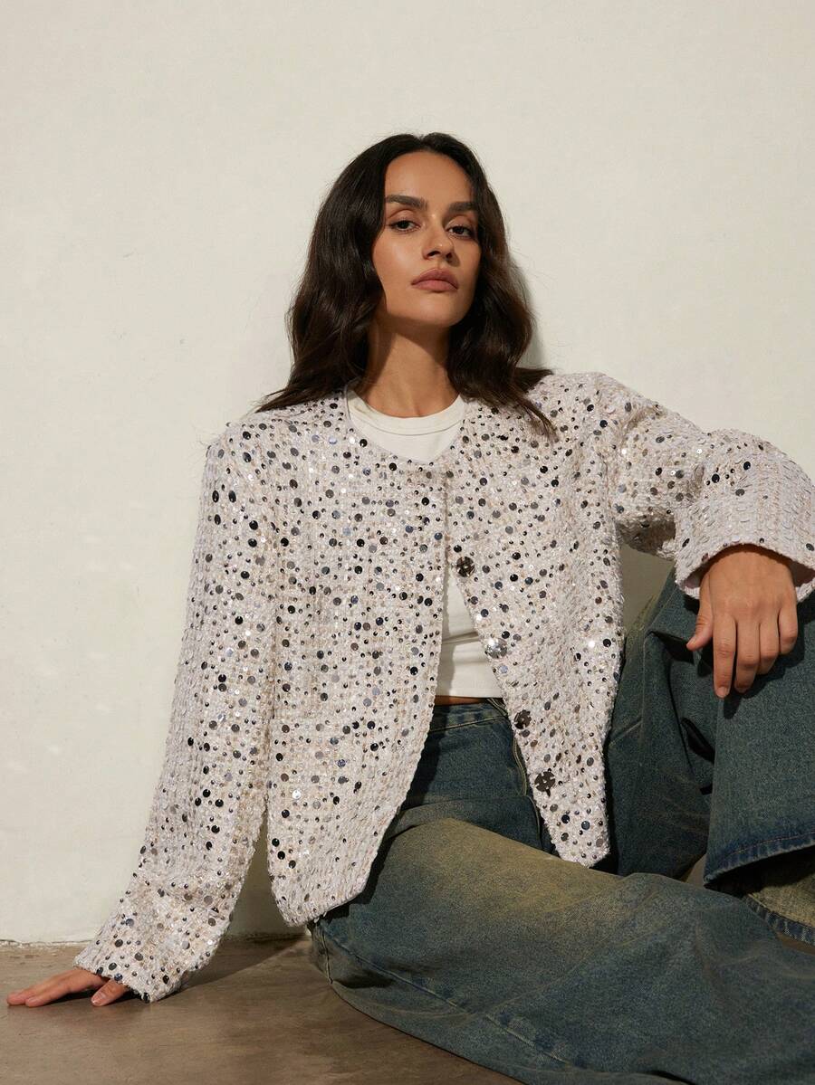 Aveloria Modichic Women's Fashionable High-End Elegant Silver Sequin Long Sleeve Jacket - White - View 1