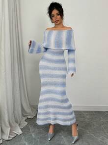 Elenzga Vestido de Tricô Bodycon Ombro de Fora para Mulheres - Multicolorido - Visão 4