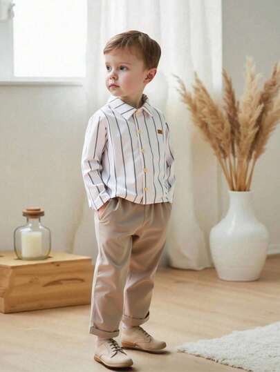 SHEIN Vintaside Kids Conjunto de 2 piezas de camisa de manga larga con cuello de punto acanalado y pantalones casuales de tejido acanalado para niño pequeño, primavera/otoño