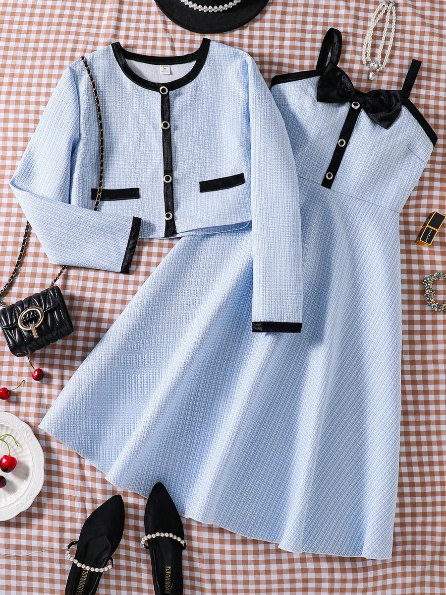 SHEIN 少女优雅开襟长袖上衣和蝴蝶结装饰吊带裙两件套,适合外出、派对等场合,尽显优雅气质。 - 淺藍色 - 查看 1