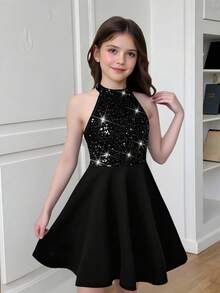 SHEIN Tween Girl Casual Everyday Elegant Beaded Knit Halter Waist A-Line Dress, Girls Black Dress, Suitable For Christmas, New Year, Birthday Party, Sibling Outfits Matching Outfits Girls Luxury Dress Black Party Dress - Black - View 4