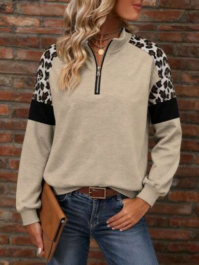 EMERY ROSE 女士豹纹长袖卫衣，适合休闲居家穿着，多色可选，秋冬款