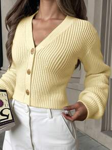 SHEIN 少女纯色V领短款休闲宽松落肩长袖开衫毛衣，秋季款 - 黃色 - 查看 10