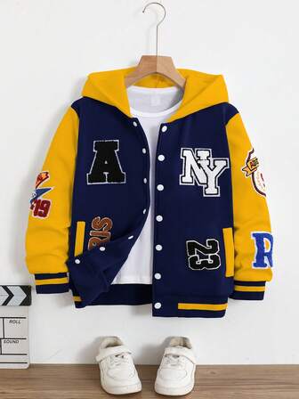 SHEIN Boys' Fleece Hooded Jacket With Letter Print, Suitable For School, Sports, Autumn/Winter