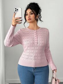 Dazy Plus Valentine Elastic Fitted Jacquard Half-Placket Pink Pullover Sweater, Spring/Autumn - Pink - View 4