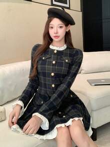 DAZY 女士优雅风格图案拼接荷叶边泡泡袖假口袋短连衣裙，秋季