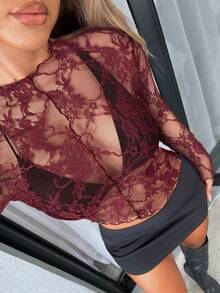 Siren Gaze 女士时尚性感蕾丝透视修身长袖上衣 - 酒紅色 - 查看 7